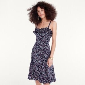 J.Crew Silk Navy Blue Pink Floral Ruffle Midi Dress Spaghetti Straps Size 12